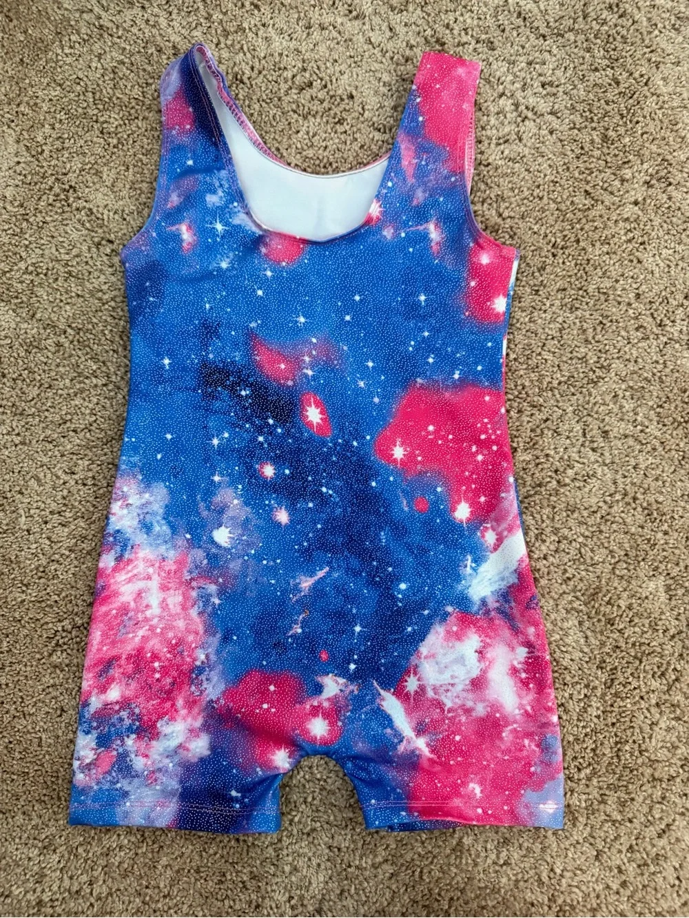Girls Gymnastics Leotard Unitard Size 4 Galaxy Space Print Bikotard Sparkly Blue